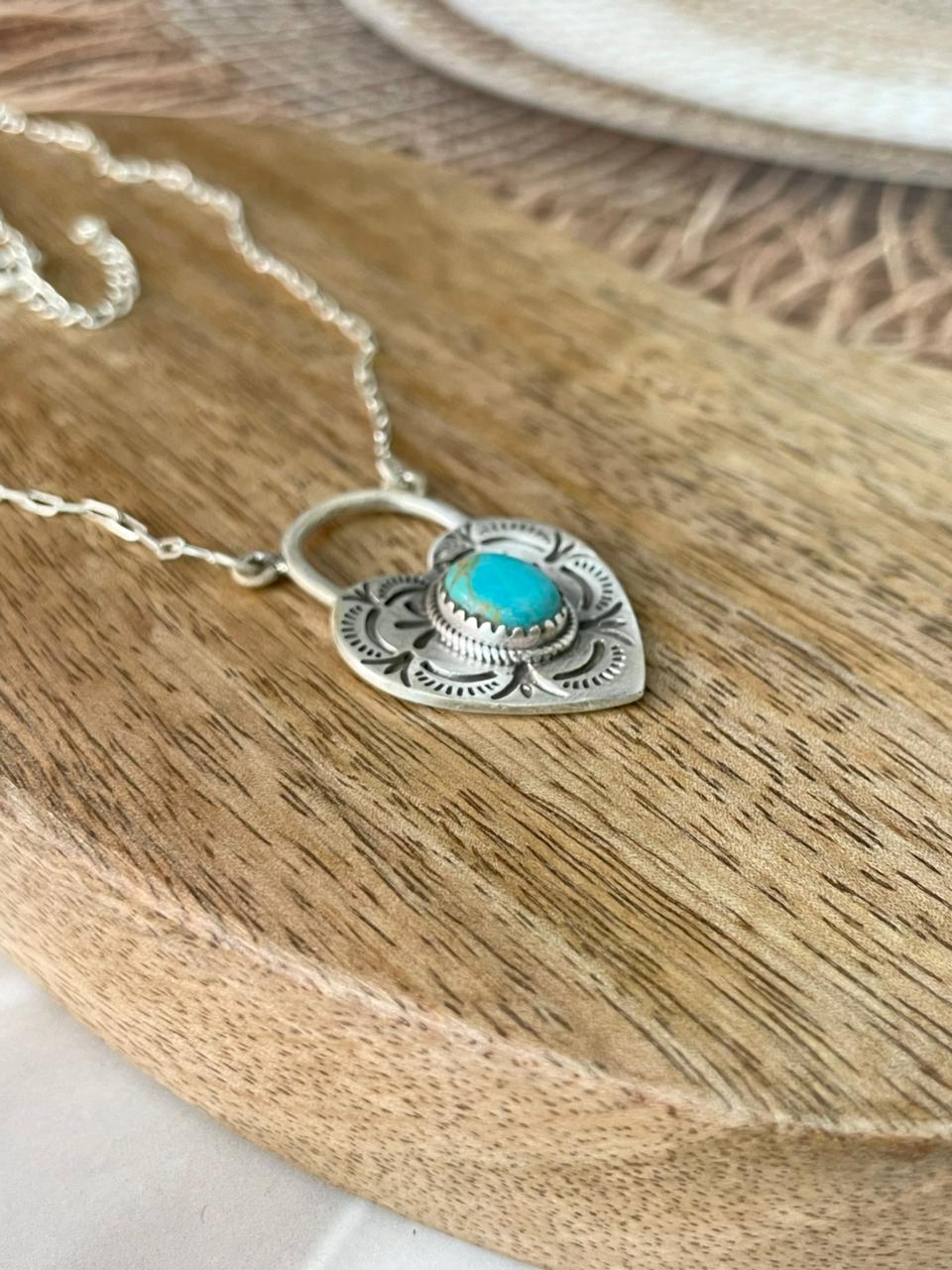 Handmade Sterling Silver Kingman Turquoise Heart Locket Necklace Signed Nizhoni