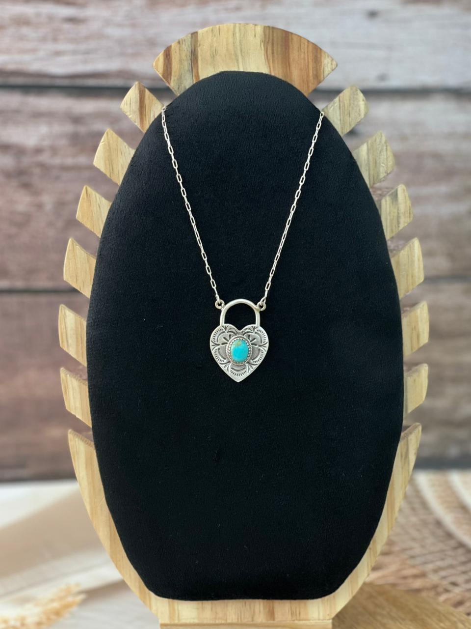 Handmade Sterling Silver Kingman Turquoise Heart Locket Necklace Signed Nizhoni