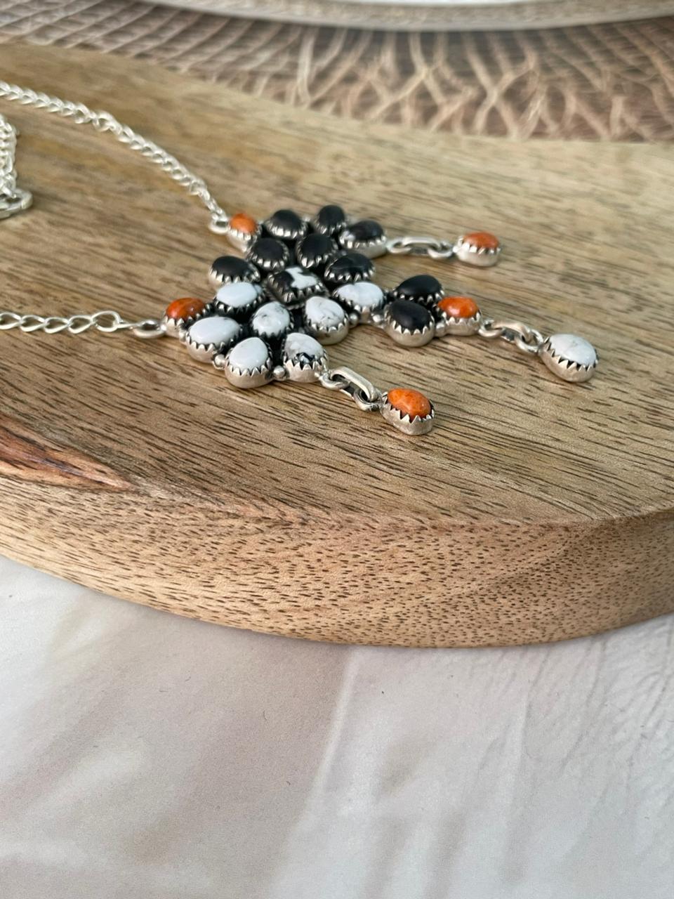 Handmade Sterling Silver Orange Mojave with White Buffalo Necklace Signed Nizhoni