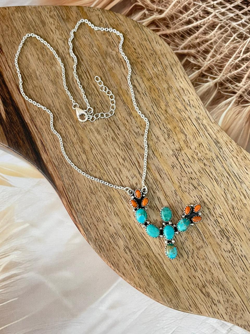 Handmade Sterling Silver Kingman Turquoise with Orange Mojave Necklace Signed Nizhoni