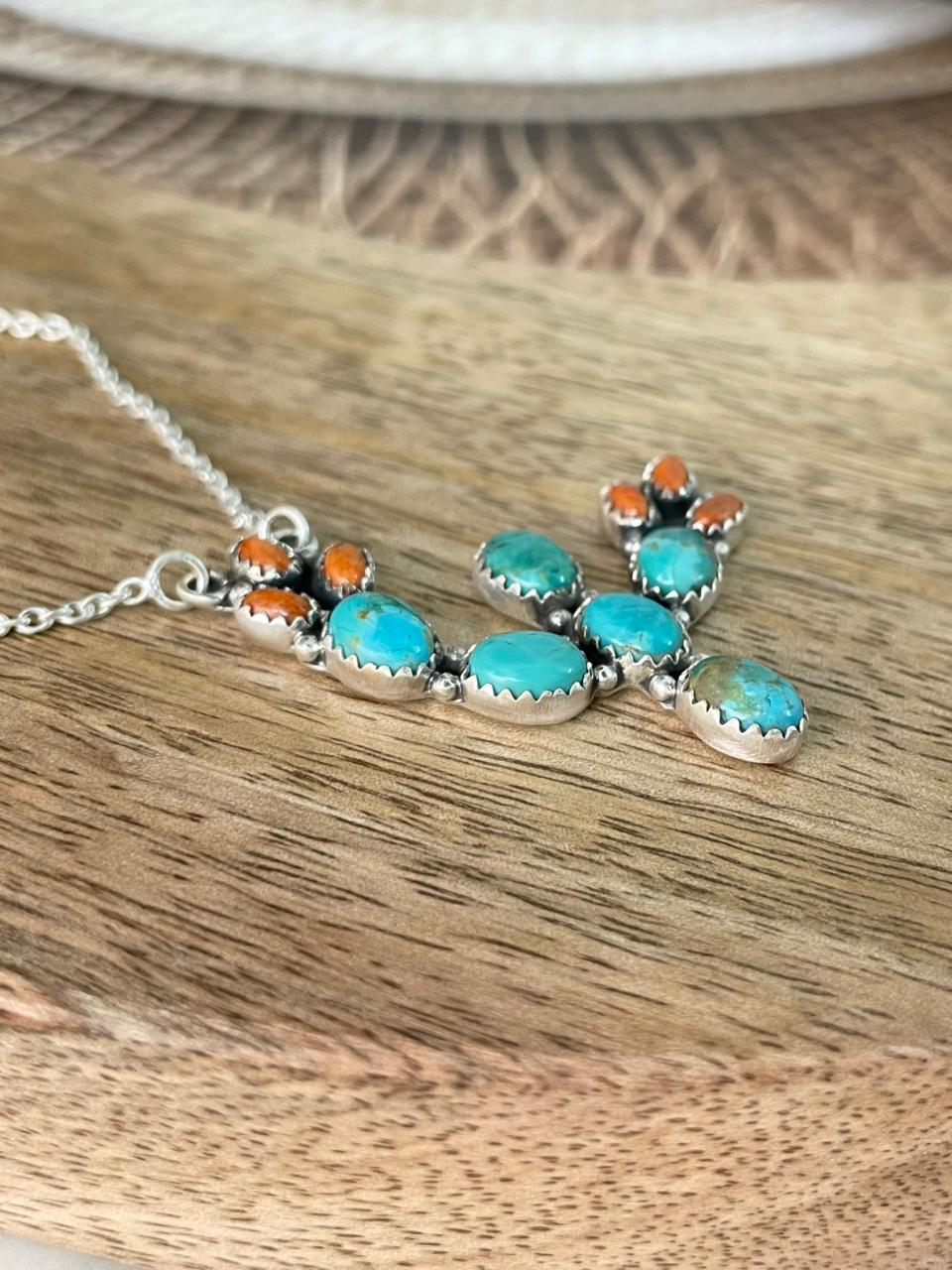 Handmade Sterling Silver Kingman Turquoise with Orange Mojave Necklace Signed Nizhoni