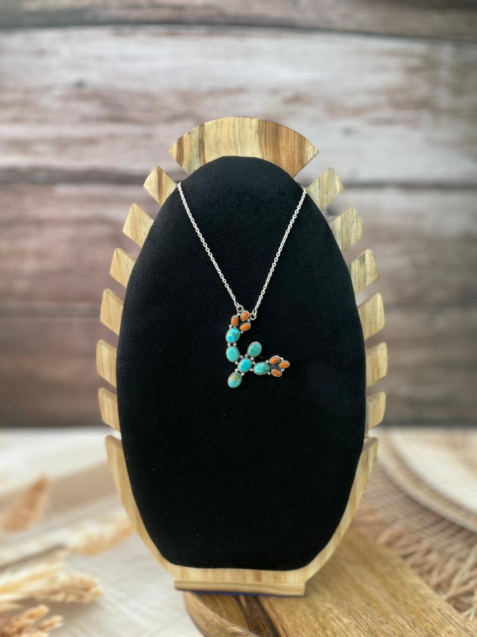 Handmade Sterling Silver Kingman Turquoise with Orange Mojave Necklace Signed Nizhoni
