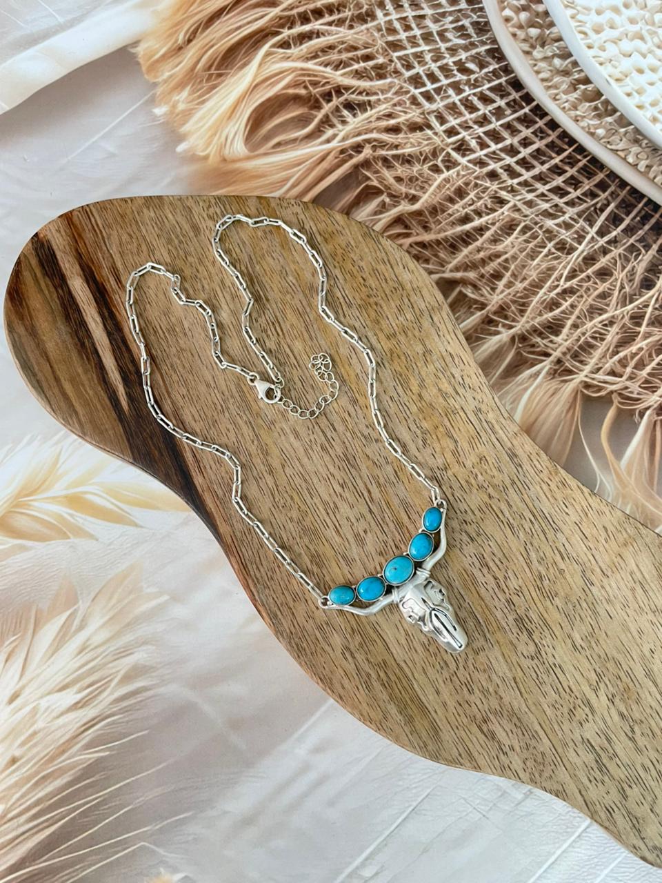 Handmade Sterling Silver Kingman Turquoise Bull Head Necklace Signed Nizhoni