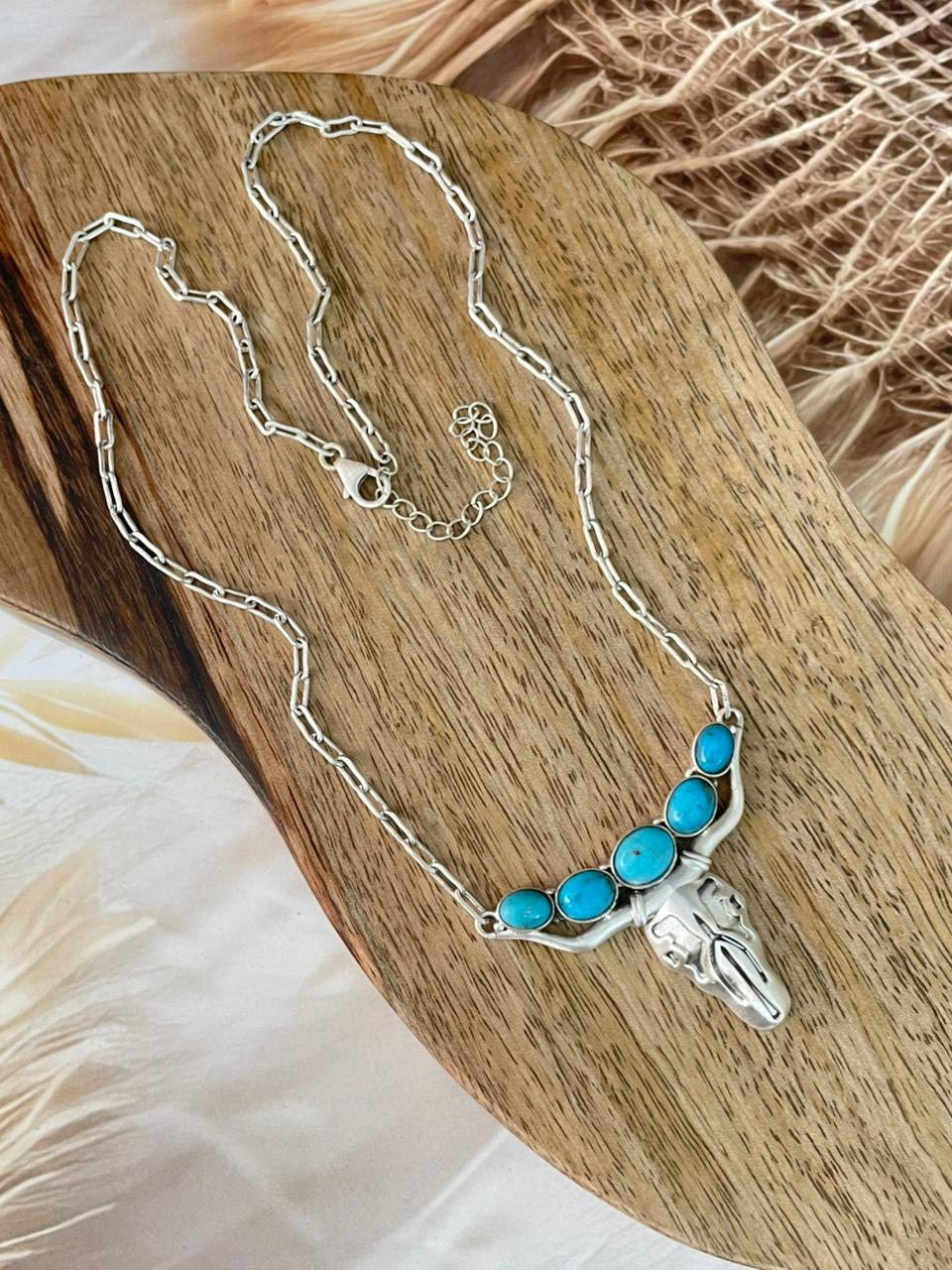 Handmade Sterling Silver Kingman Turquoise Bull Head Necklace Signed Nizhoni