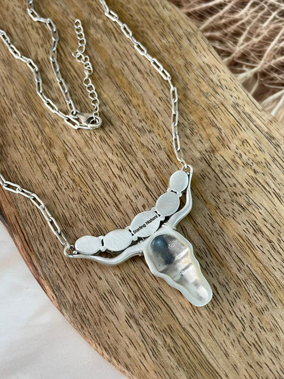 Handmade Sterling Silver Kingman Turquoise Bull Head Necklace Signed Nizhoni