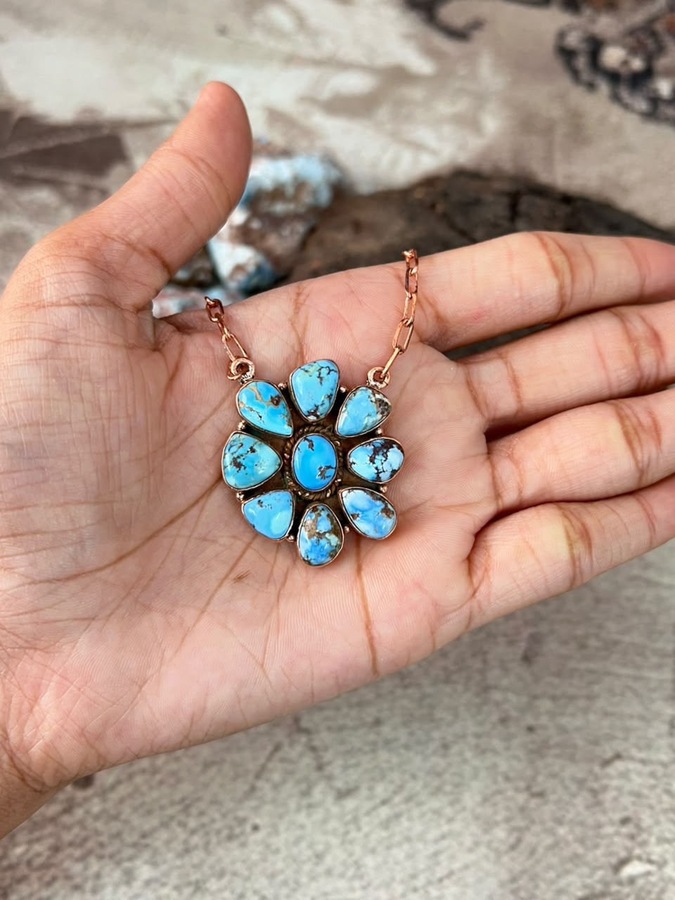 Handmade Golden Hills Turquoise Copper Collection: Necklace Signed Nizhoni