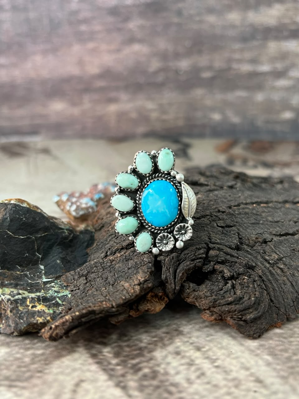 Handmade Sterling Silver White Water with Paloma Turquoise Adjustable Ring Signed Nizhoni