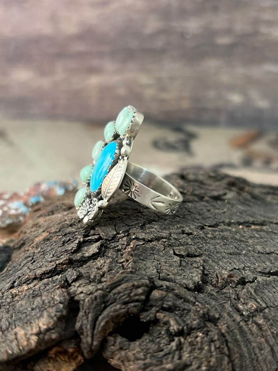 Handmade Sterling Silver White Water with Paloma Turquoise Adjustable Ring Signed Nizhoni