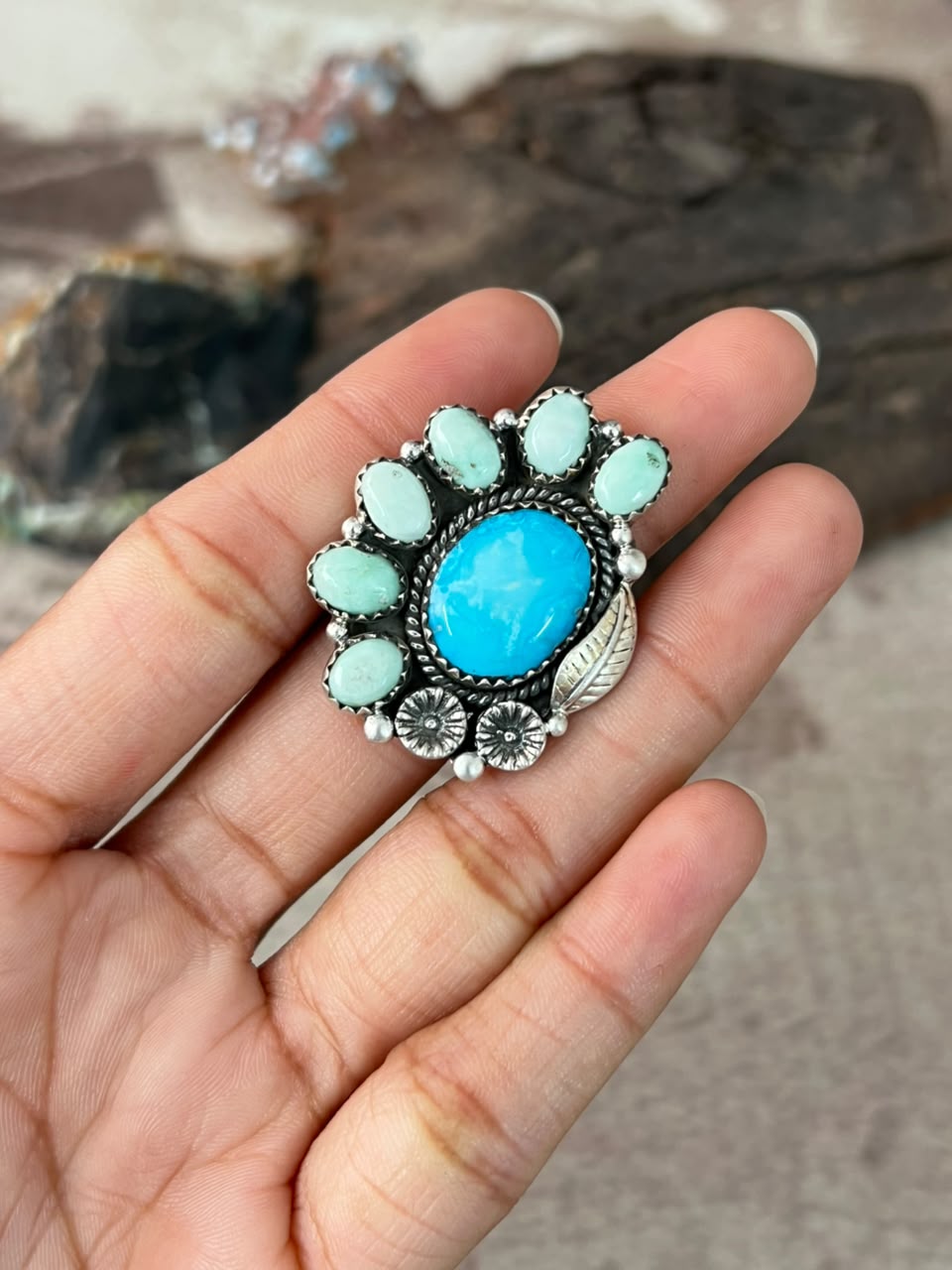Handmade Sterling Silver White Water with Paloma Turquoise Adjustable Ring Signed Nizhoni