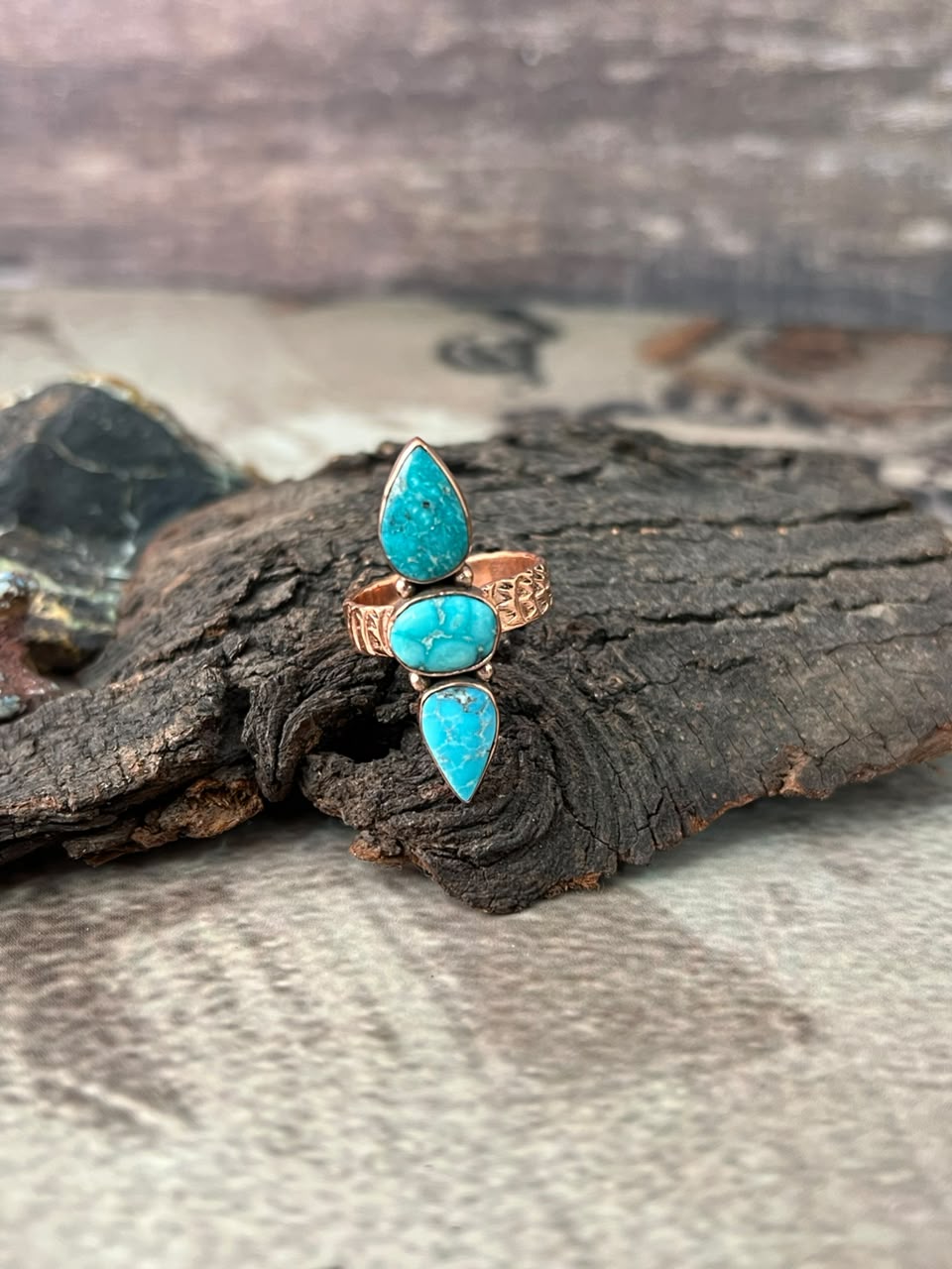 Handmade White Water Turquoise Copper Collection: Adjustable Ring Signed Nizhoni