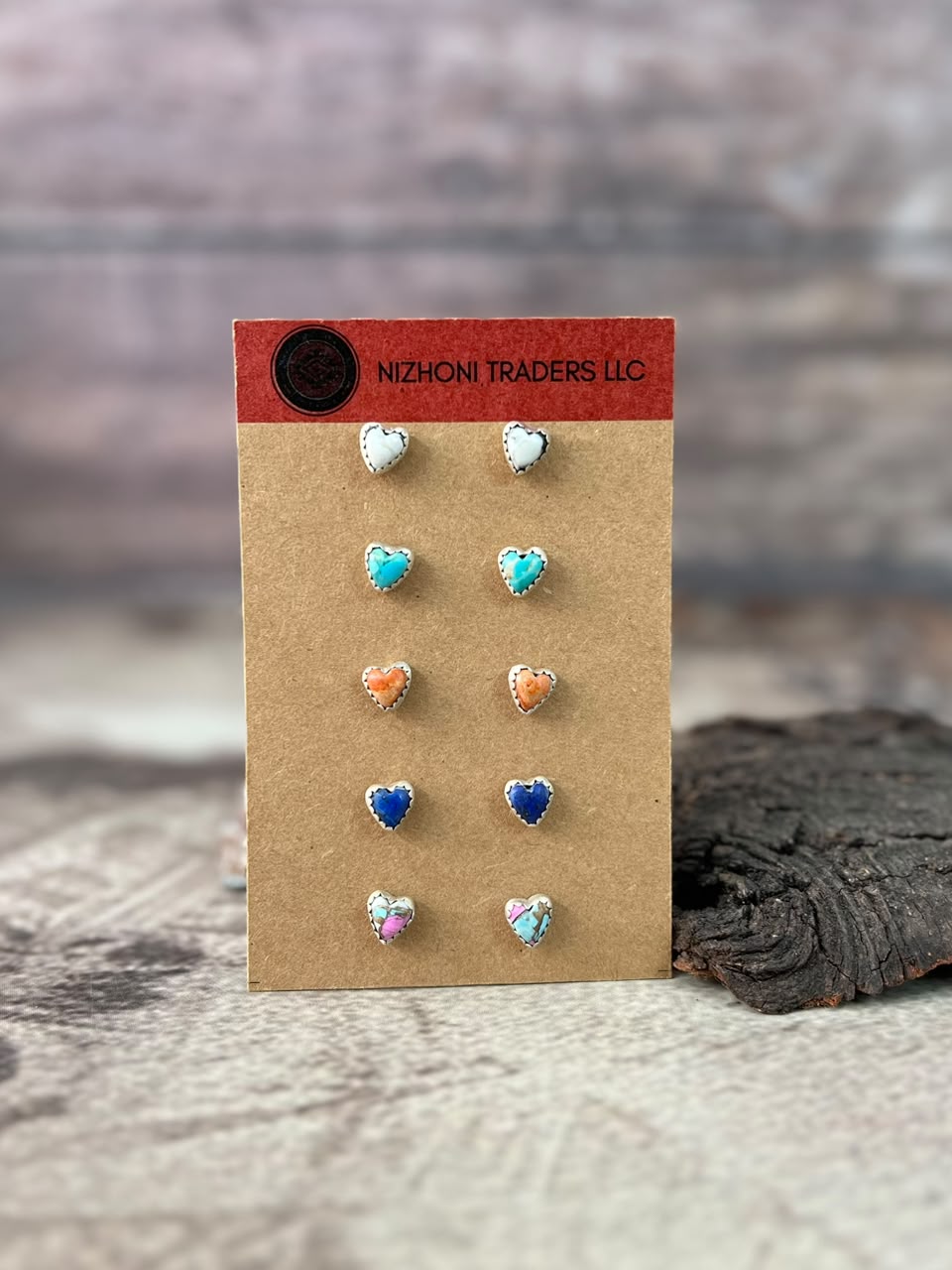 Handmade Sterling Silver Orange Mojave with White Buffalo, Kingman Turquoise, Cotton Candy and Lapis Heart Post Studs Cards