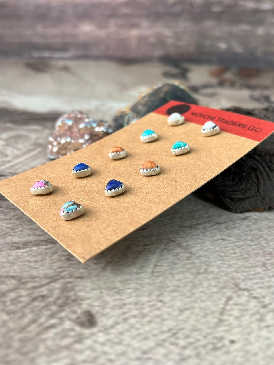 Handmade Sterling Silver Orange Mojave with White Buffalo, Kingman Turquoise, Cotton Candy and Lapis Heart Post Studs Cards