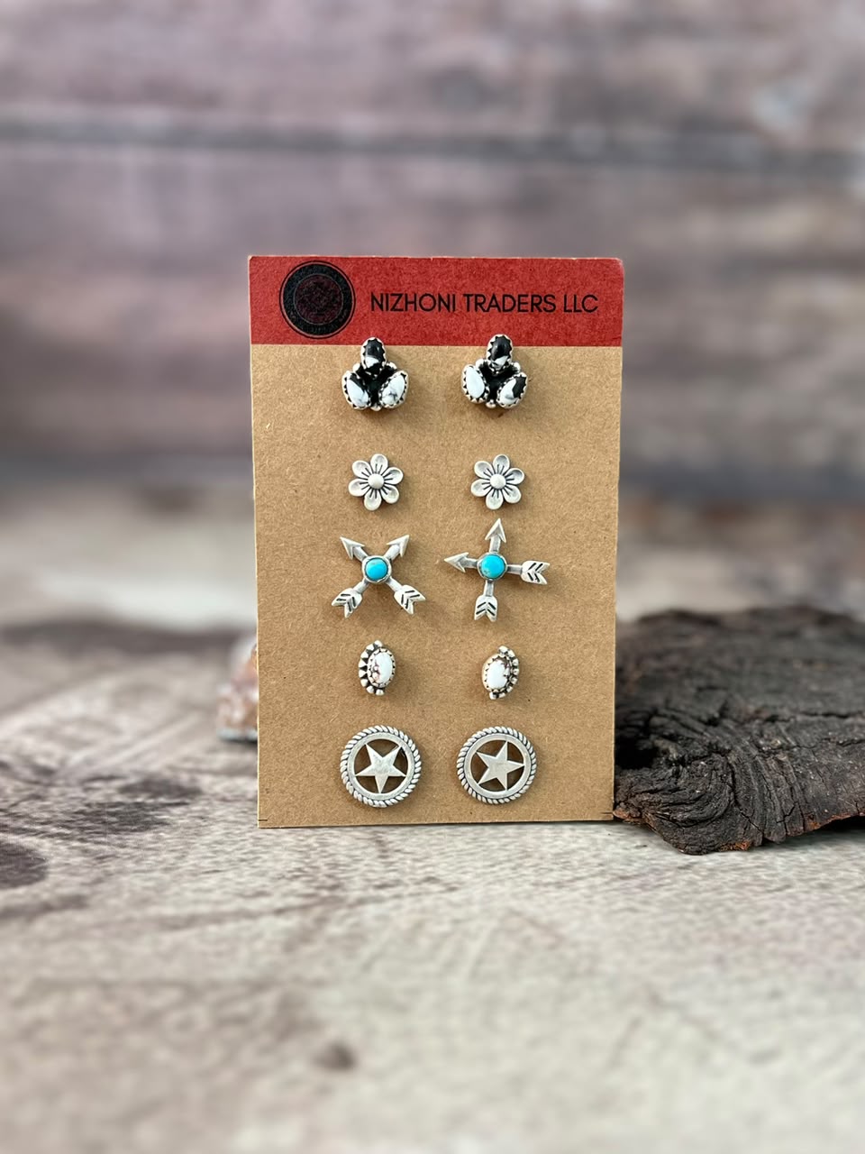 Handmade Sterling Silver White Buffalo with Kingman Turquoise and Wildhorse Magnesite Post Studs Cards