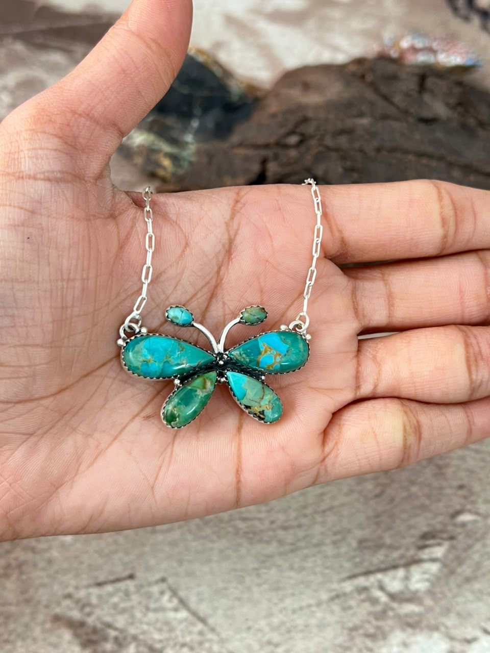 Handmade Sterling Silver Kingman Turquoise Butterfly Necklace Signed Nizhoni