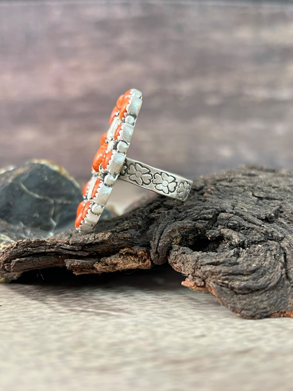 Handmade Sterling Silver Orange Mojave with White Buffalo Adjustable Ring Signed Nizhoni