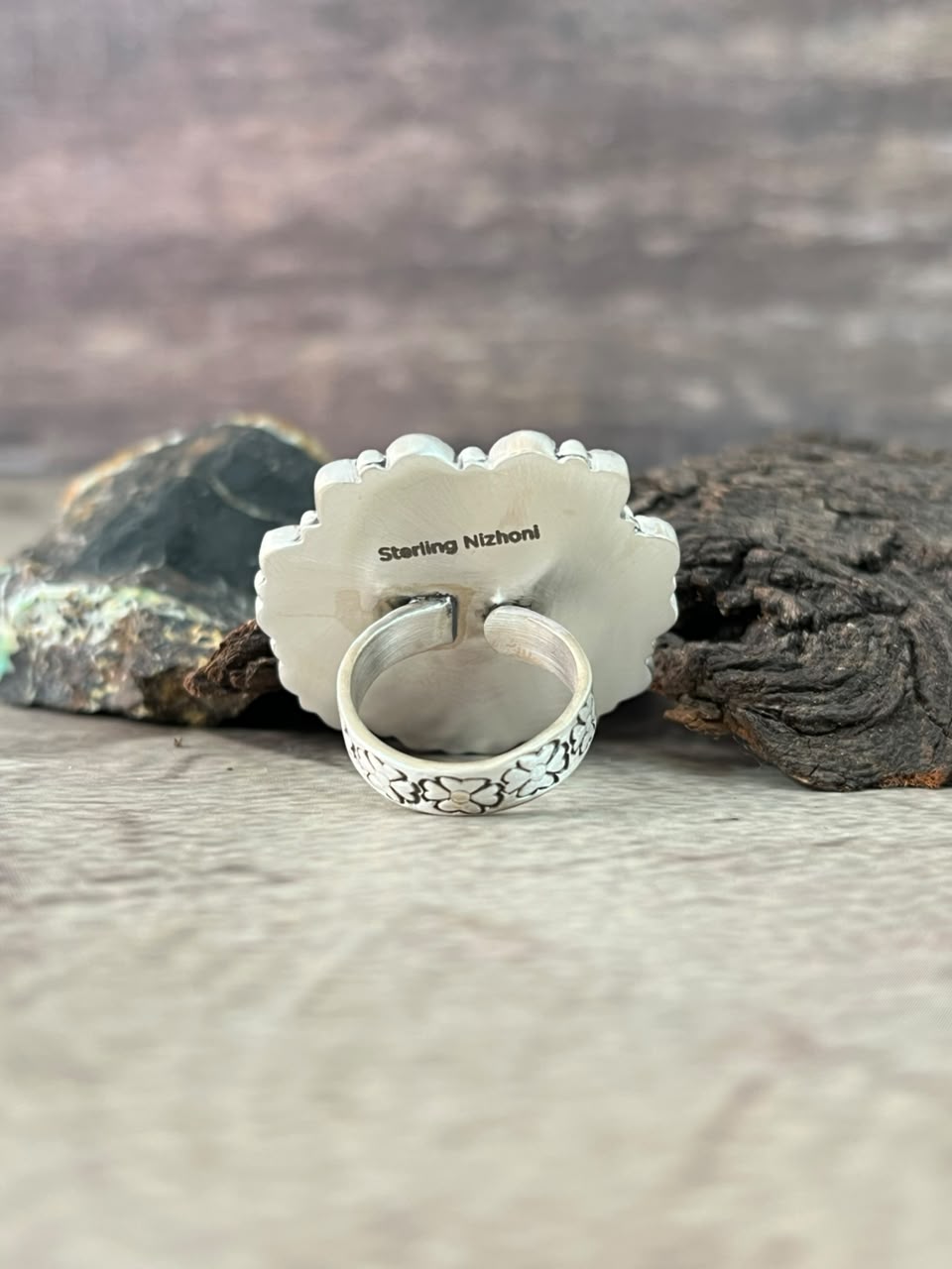 Handmade Sterling Silver Orange Mojave with White Buffalo Adjustable Ring Signed Nizhoni