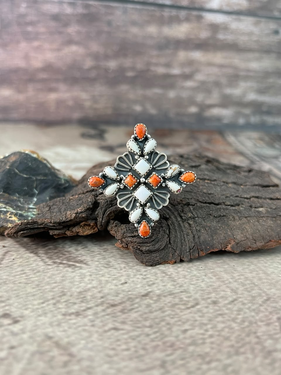 Handmade Sterling Silver Orange Mojave with White Buffalo Adjustable Ring Signed Nizhoni