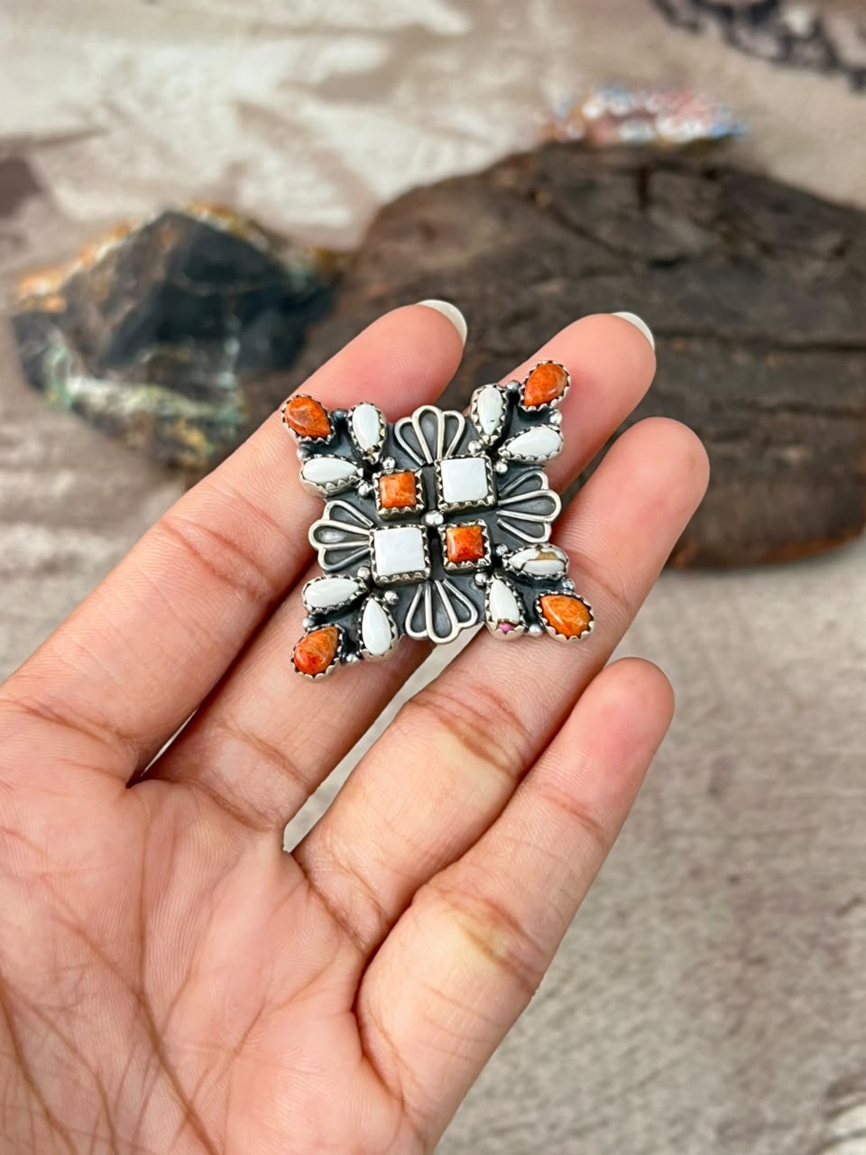 Handmade Sterling Silver Orange Mojave with White Buffalo Adjustable Ring Signed Nizhoni