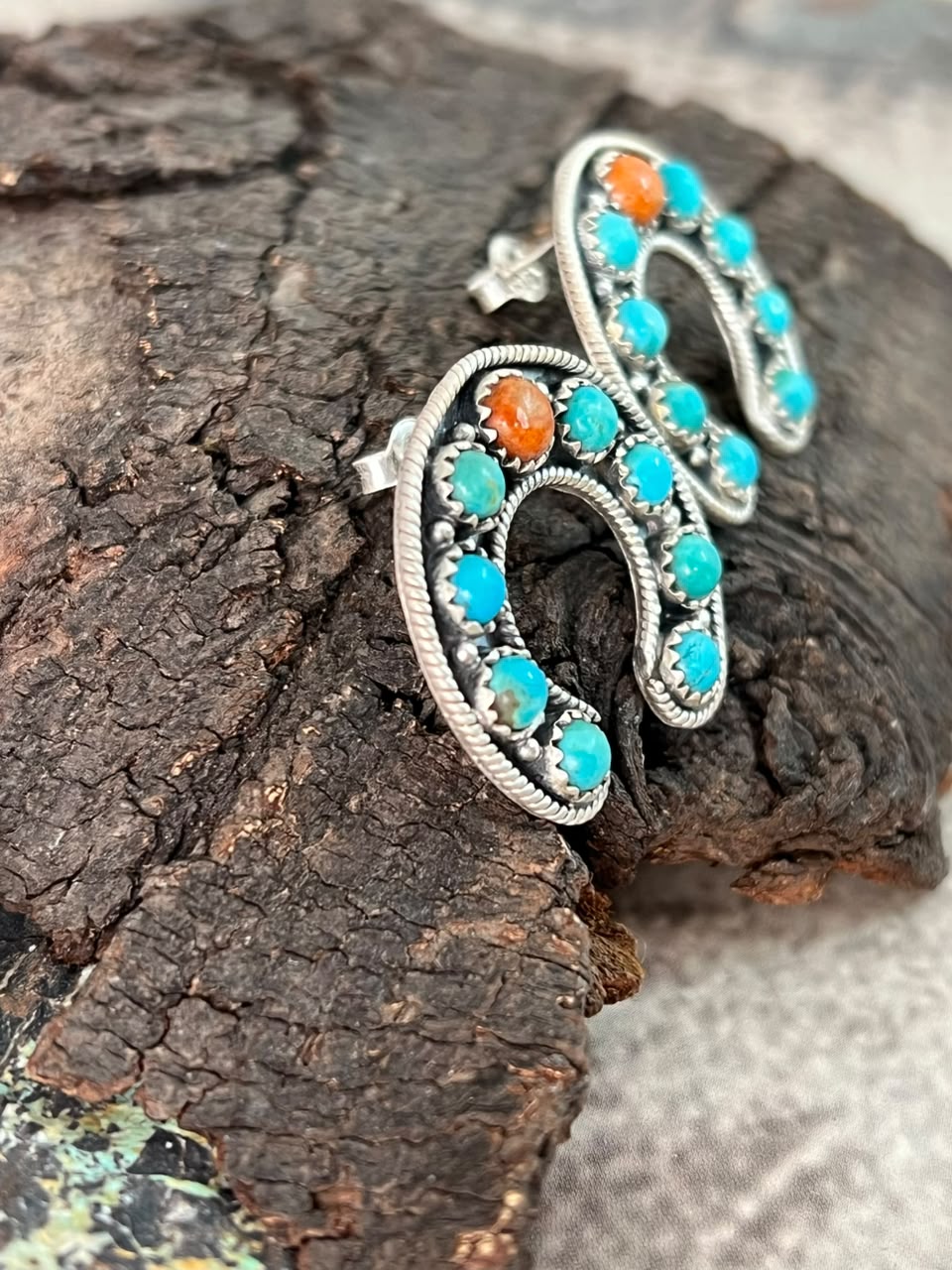 Handmade Sterling Silver Kingman Turquoise with Orange Mojave Post Studs Naja Earrings Signed Nizhoni