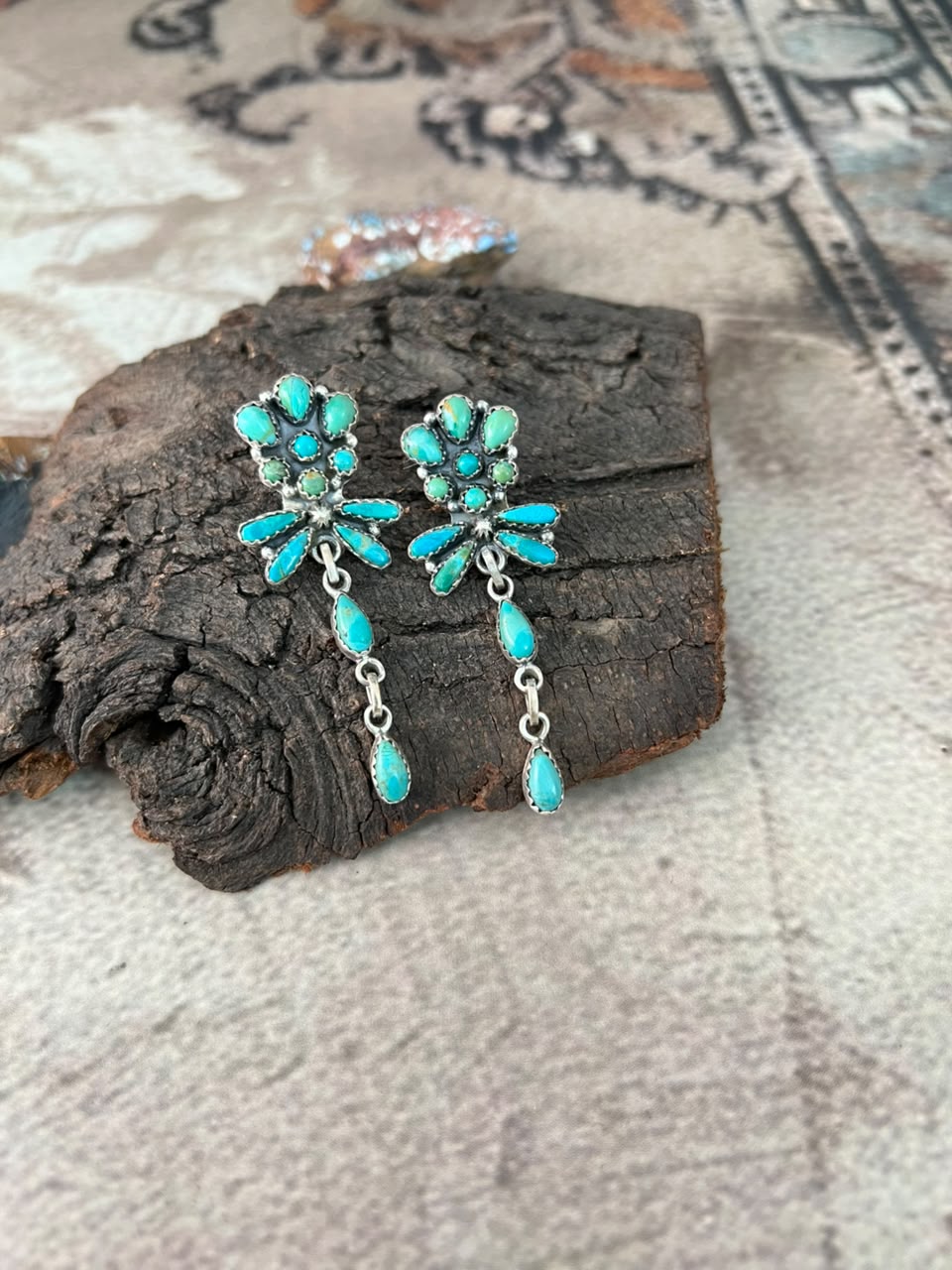 Handmade Sterling Silver Kingman Turquoise Post Dangle Earrings Signed Nizhoni