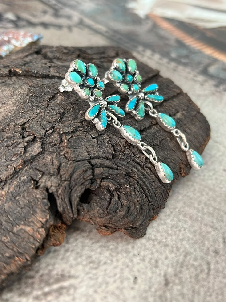 Handmade Sterling Silver Kingman Turquoise Post Dangle Earrings Signed Nizhoni