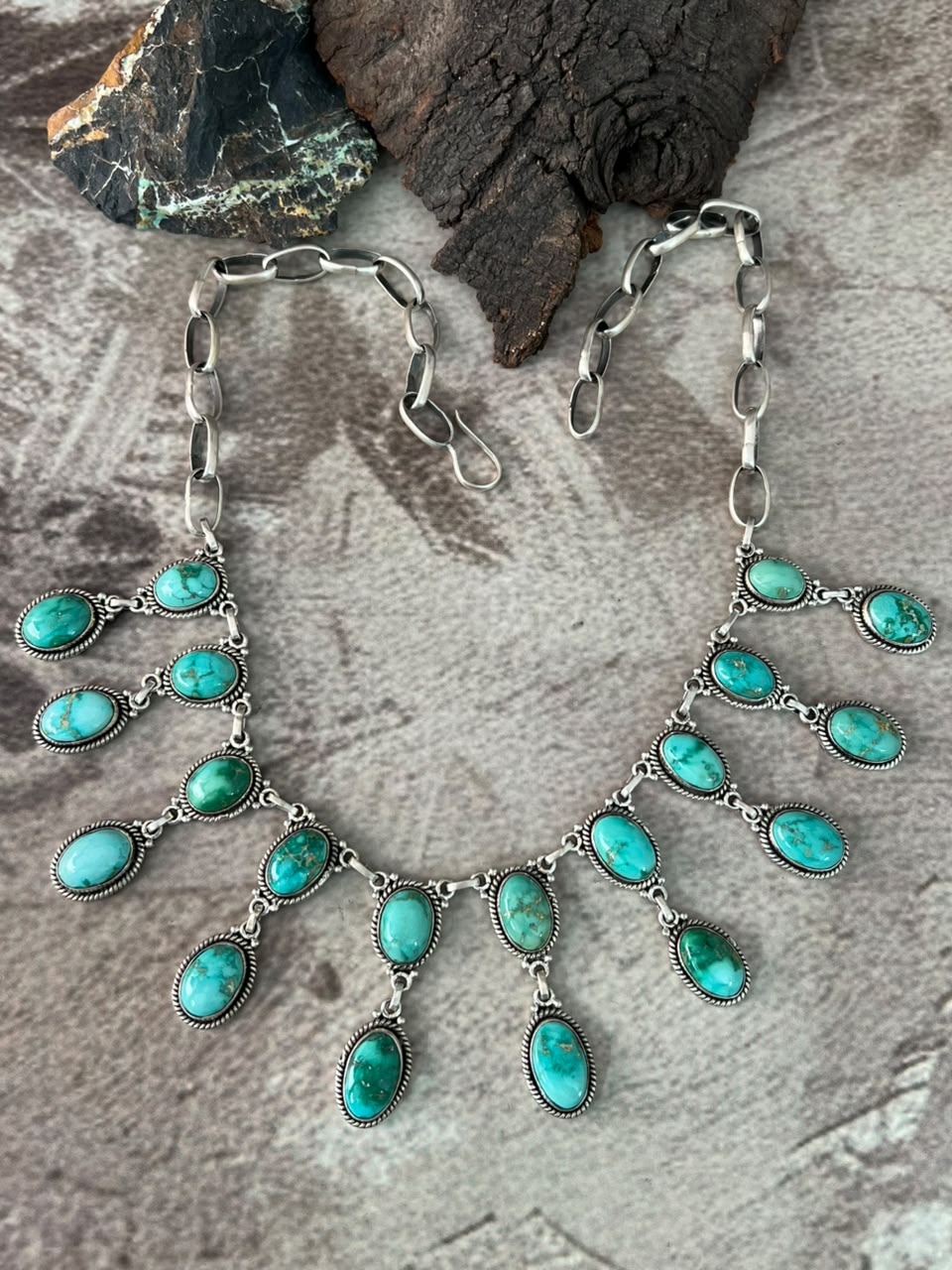 Handmade Sterling Silver Emerald Valley Turquoise Collection: Necklace Signed Nizhoni