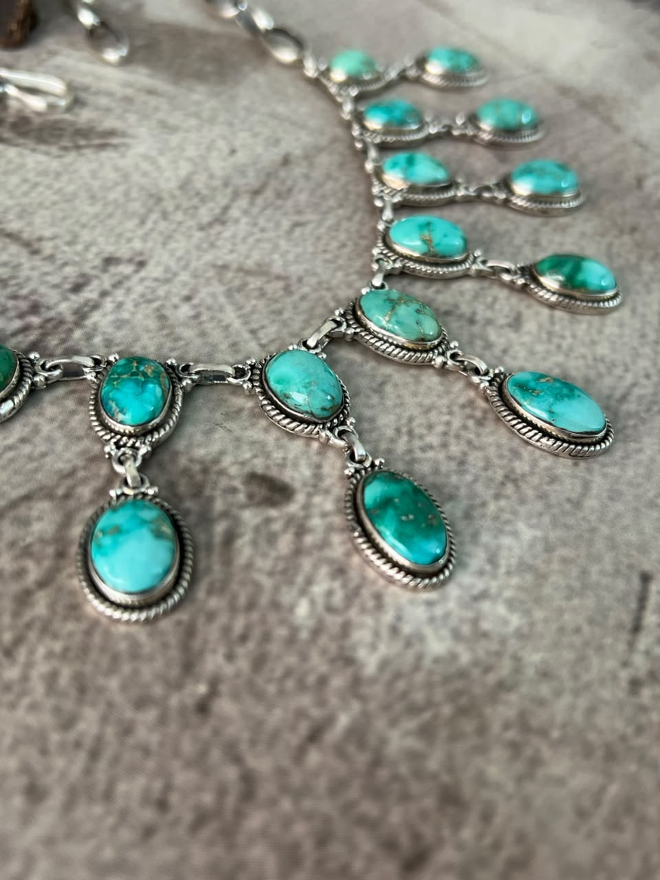 Handmade Sterling Silver Emerald Valley Turquoise Collection: Necklace Signed Nizhoni