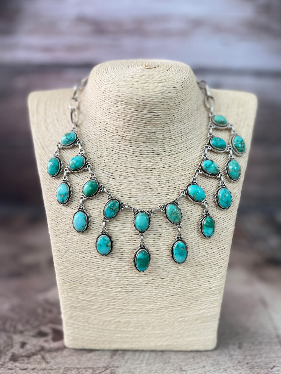 Handmade Sterling Silver Emerald Valley Turquoise Collection: Necklace Signed Nizhoni