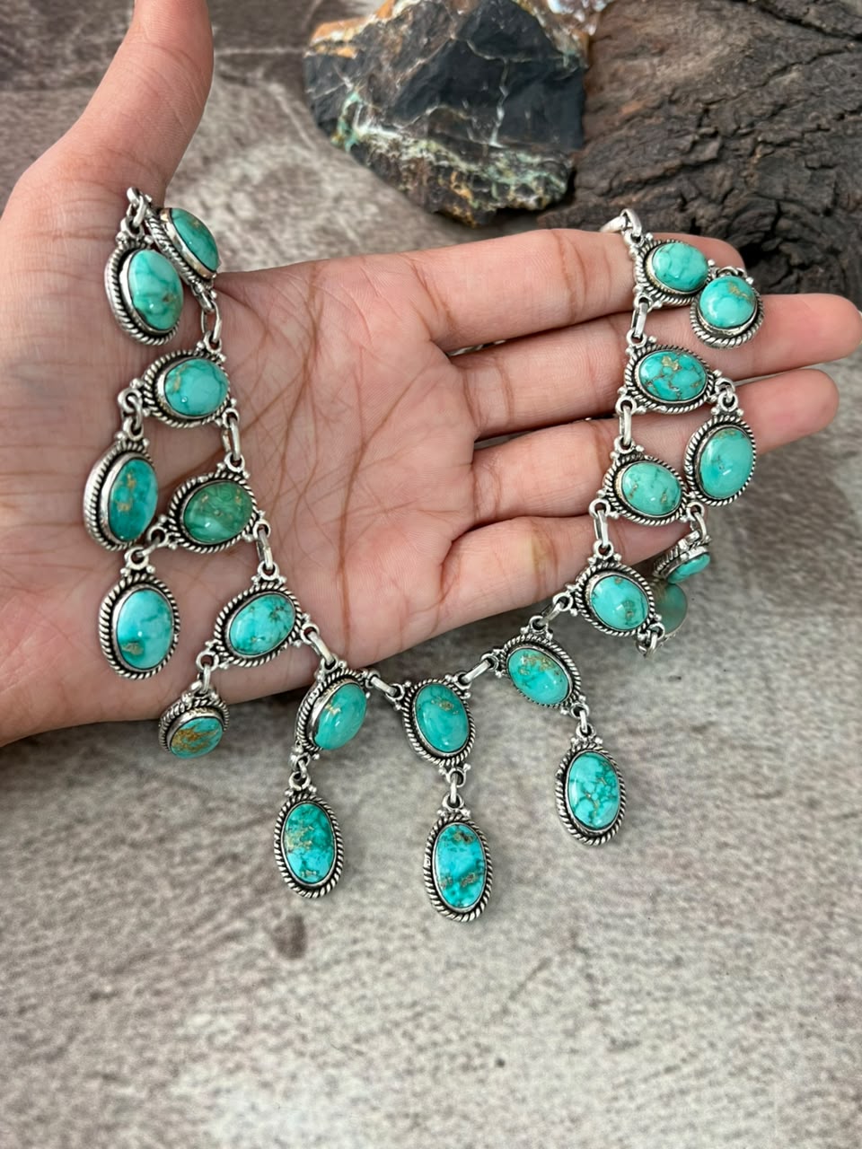 Handmade Sterling Silver Emerald Valley Turquoise Collection: Necklace Signed Nizhoni
