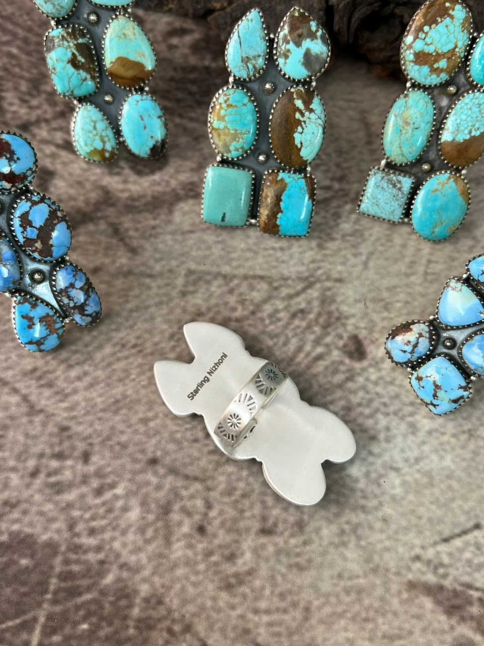 Handmade Sterling Silver Golden Hills Turquoise and Number 8 Turquoise Adjustable Ring Signed Nizhoni