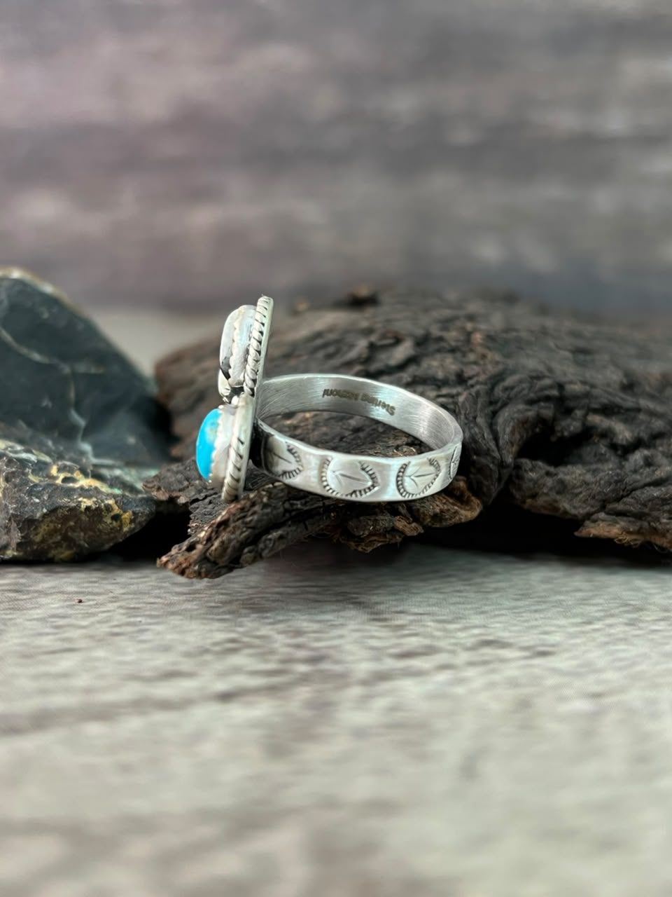 Handmade Sterling Silver White Buffalo with White Water Turquoise Adjustable Ring Signed Nizhoni