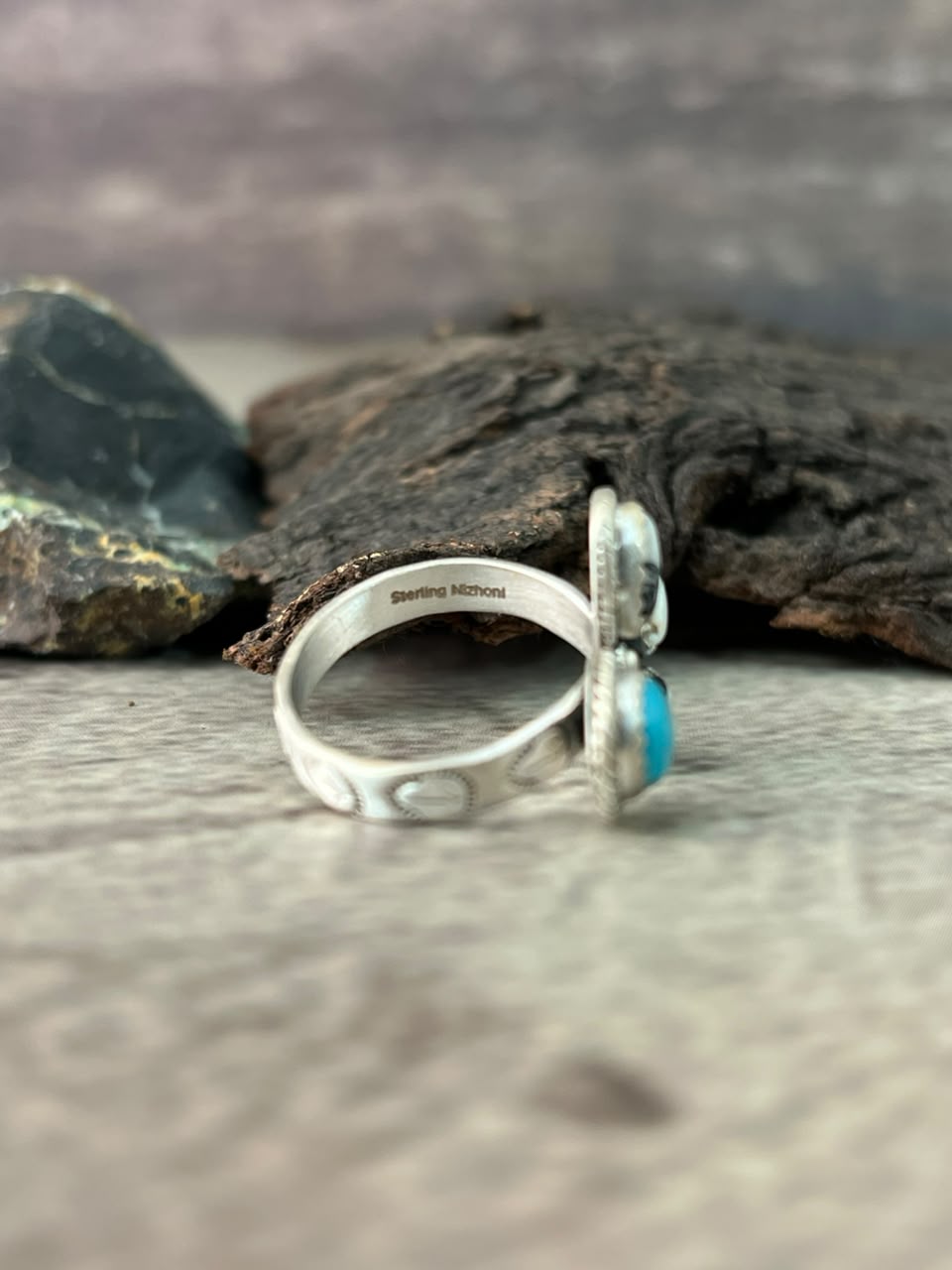 Handmade Sterling Silver White Buffalo with White Water Turquoise Adjustable Ring Signed Nizhoni