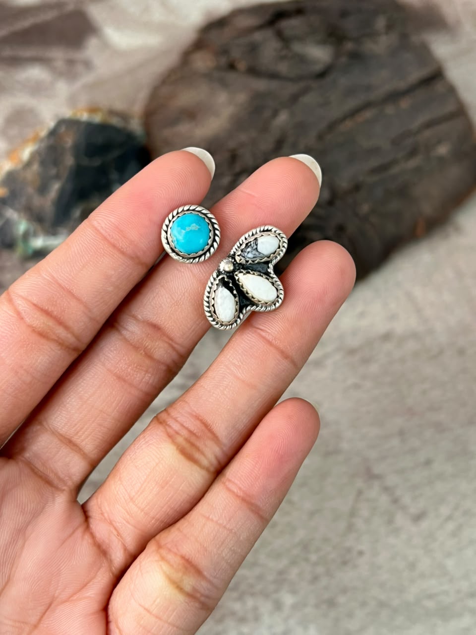 Handmade Sterling Silver White Buffalo with White Water Turquoise Adjustable Ring Signed Nizhoni