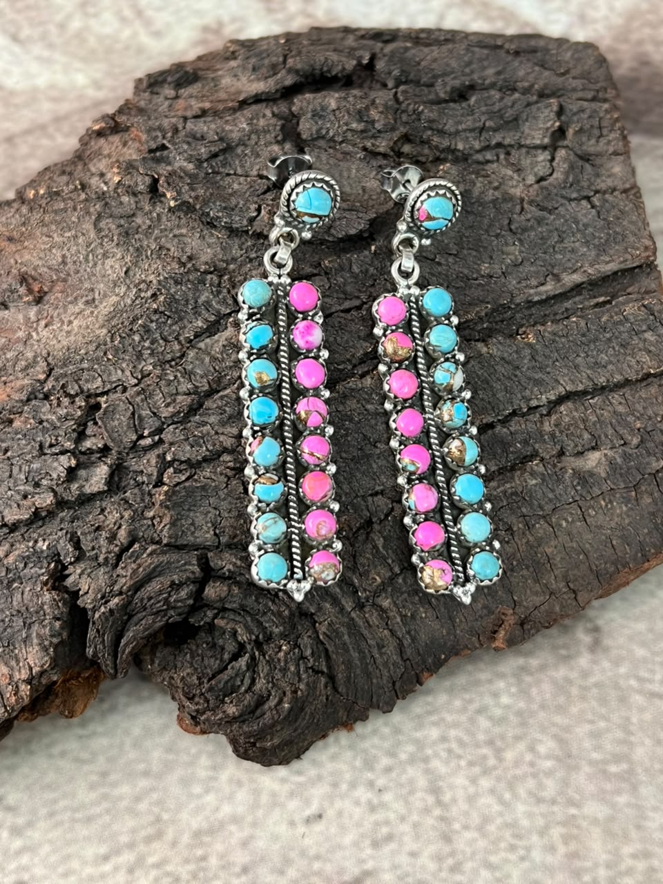 Handmade Sterling Silver Cotton Candy Post Dangle Earrings Signed Nizhoni