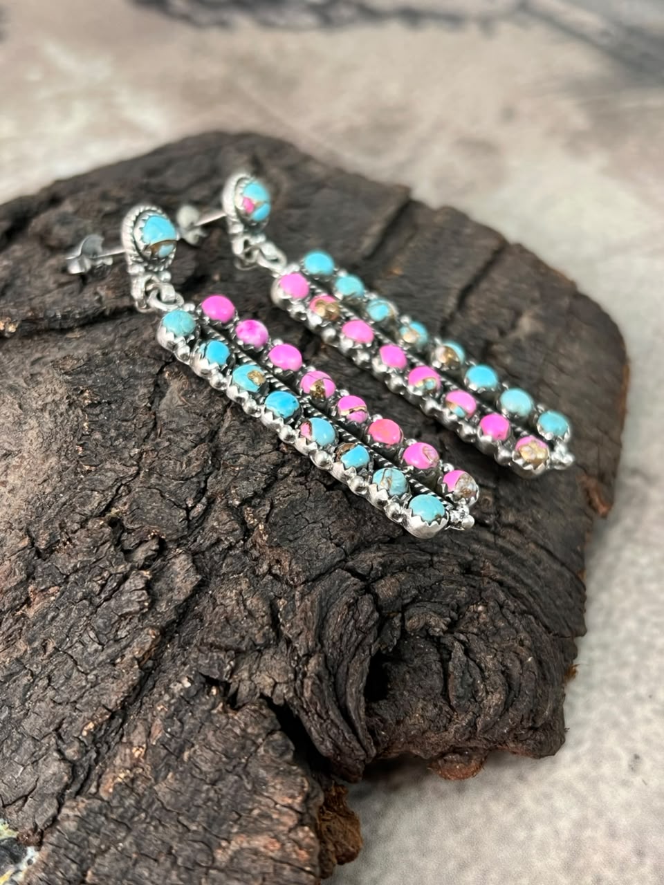 Handmade Sterling Silver Cotton Candy Post Dangle Earrings Signed Nizhoni