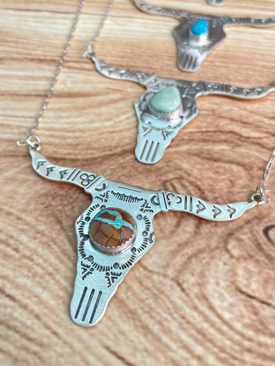 Handmade Sterling Silver Royston ,Paloma, Sierra Bella, Blackjack, White Water, Golden Hills and Number 8 Turquoise Bull Head Necklace Signed Nizhoni