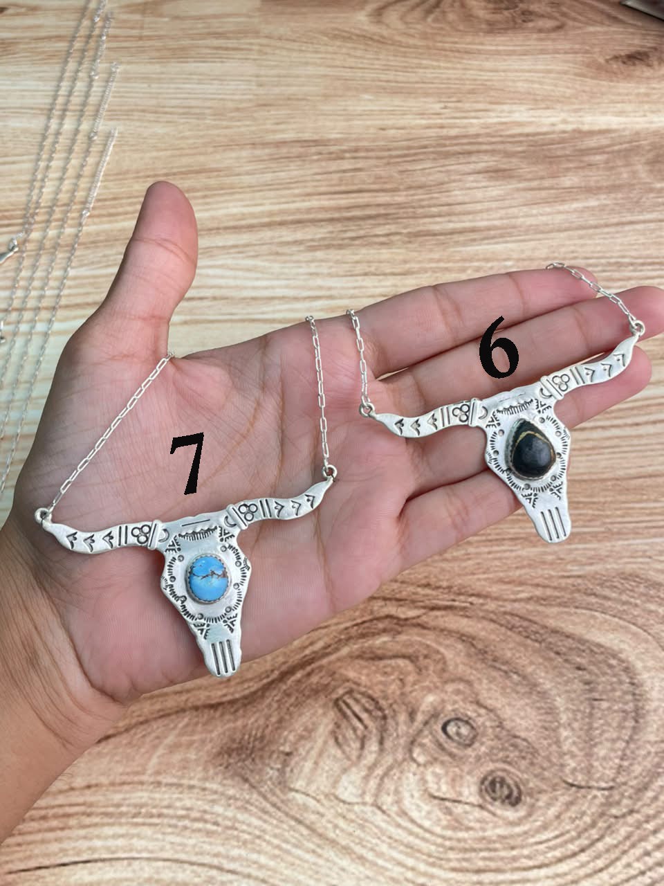 Handmade Sterling Silver Royston ,Paloma, Sierra Bella, Blackjack, White Water, Golden Hills and Number 8 Turquoise Bull Head Necklace Signed Nizhoni