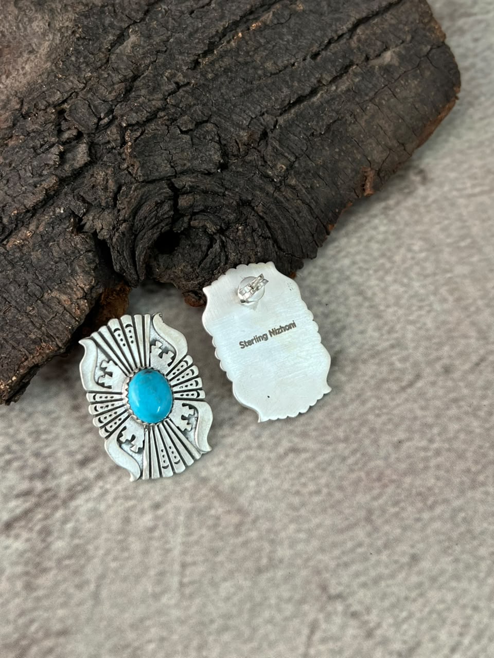 Handmade Sterling Silver Kingman Turquoise Post Studs Earrings Signed Nizhoni