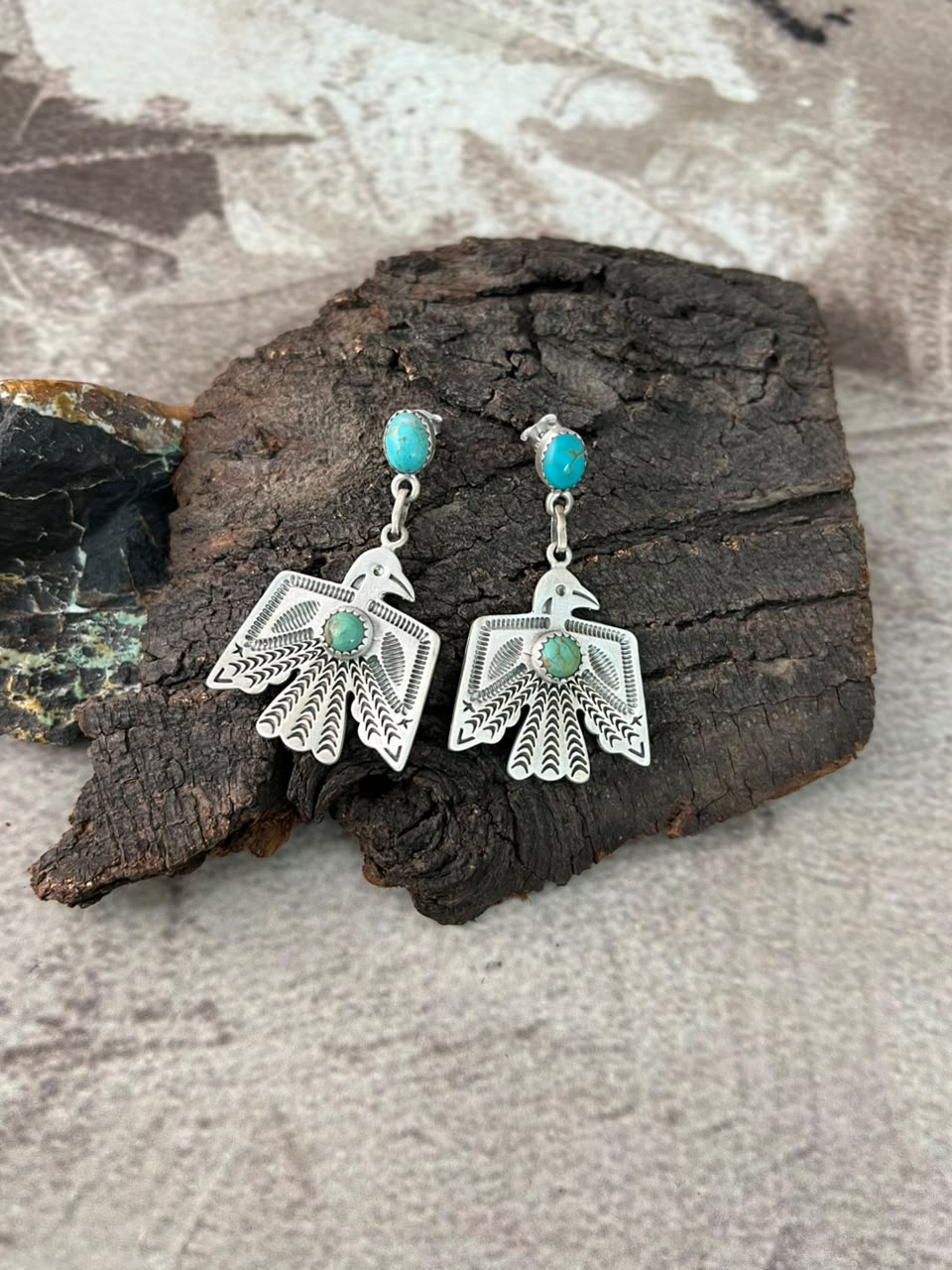 Handmade Sterling Silver Kingman Turquoise Post Dangle Thunderbird Earrings Signed Nizhoni