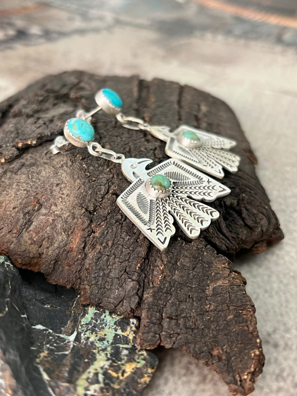 Handmade Sterling Silver Kingman Turquoise Post Dangle Thunderbird Earrings Signed Nizhoni