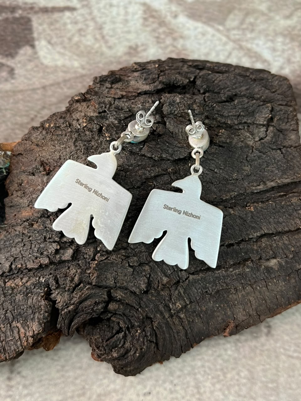 Handmade Sterling Silver Kingman Turquoise Post Dangle Thunderbird Earrings Signed Nizhoni