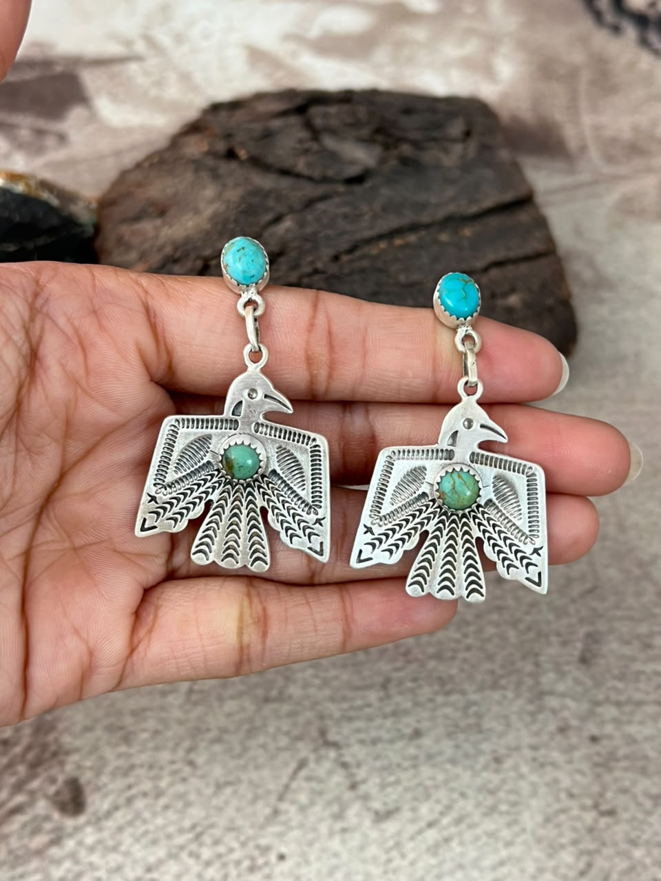 Handmade Sterling Silver Kingman Turquoise Post Dangle Thunderbird Earrings Signed Nizhoni