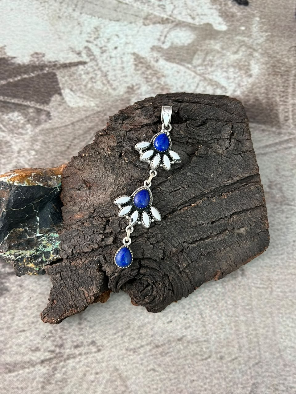 Handmade Sterling Silver Lapis with White Buffalo Pendant Signed Nizhoni
