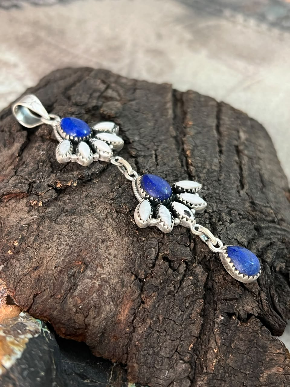 Handmade Sterling Silver Lapis with White Buffalo Pendant Signed Nizhoni