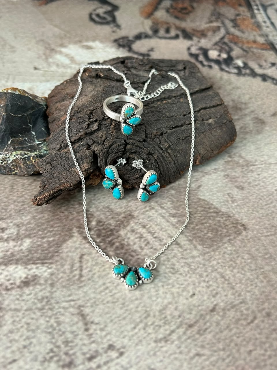 Handmade Sterling Silver Kingman Turquoise Necklace Ring and Earrings Set Signed Nizhoni