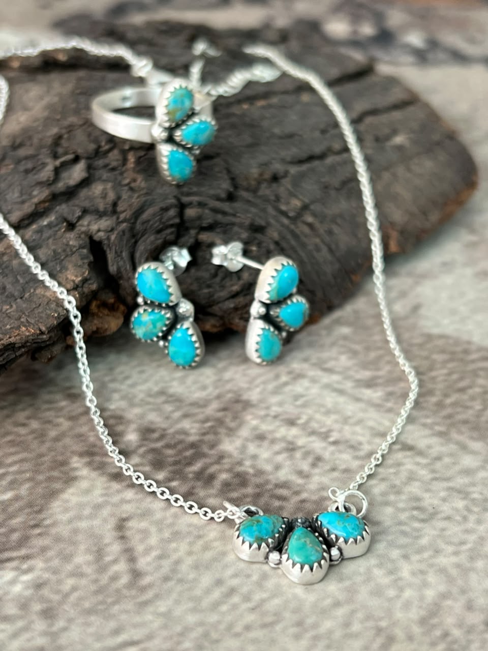 Handmade Sterling Silver Kingman Turquoise Necklace Ring and Earrings Set Signed Nizhoni