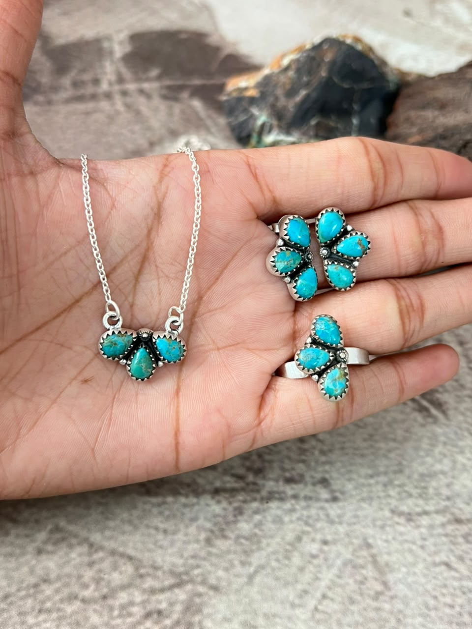 Handmade Sterling Silver Kingman Turquoise Necklace Ring and Earrings Set Signed Nizhoni