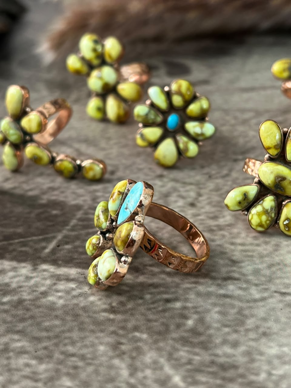 Handmade Palomino with White Water Turquoise Copper Collection: Adjustable Ring Signed Nizhoni