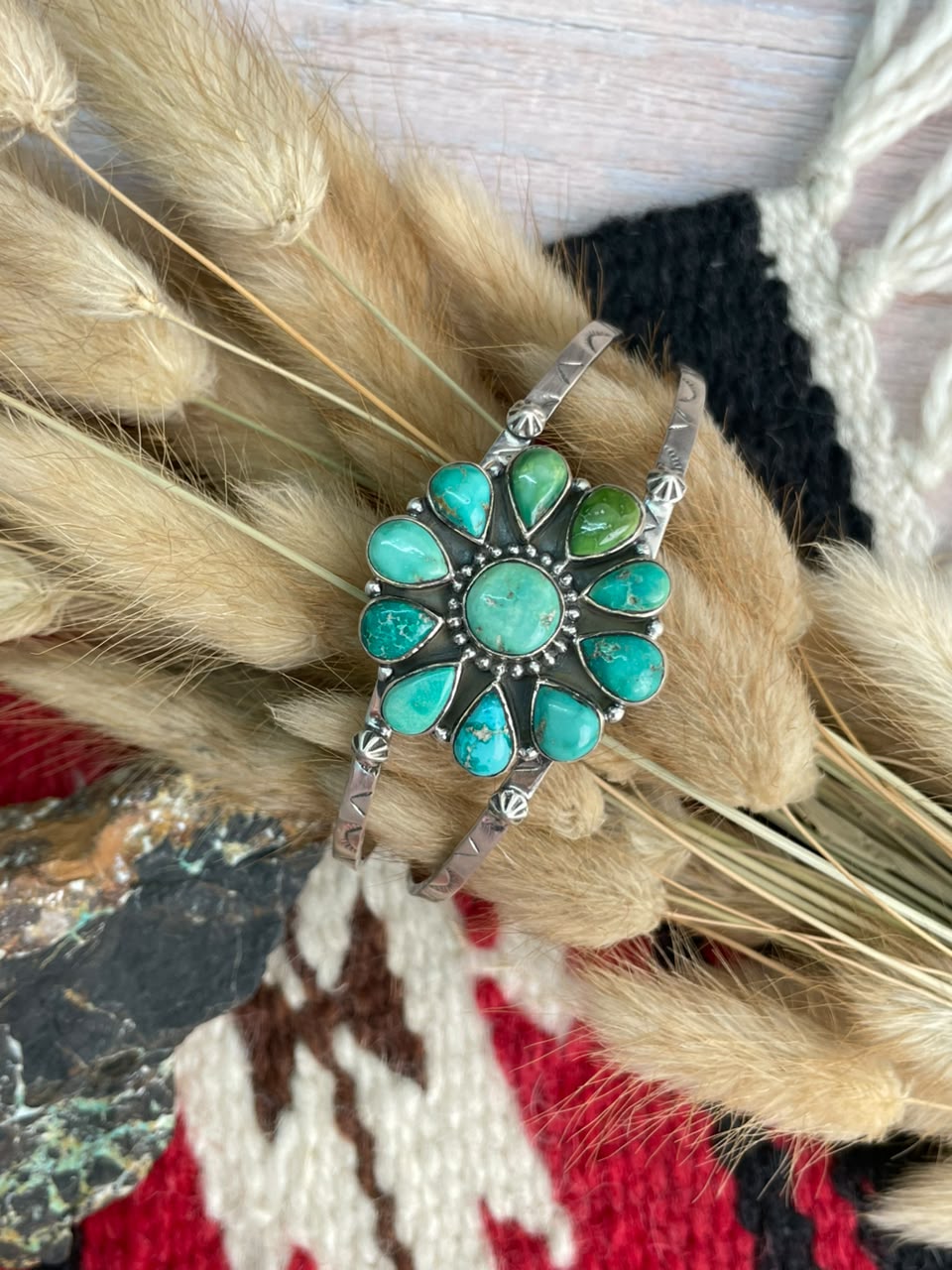 Handmade Sterling Silver Emerald Valley Turquoise Collection: Cuff Bracelet Signed Nizhoni