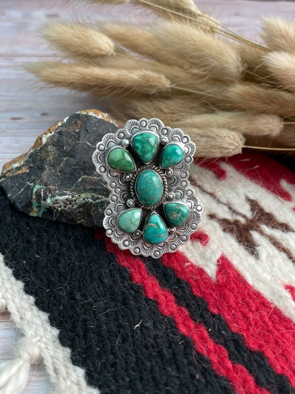 Handmade Sterling Silver Emerald Valley Turquoise Collection: Adjustable Ring Signed Nizhoni